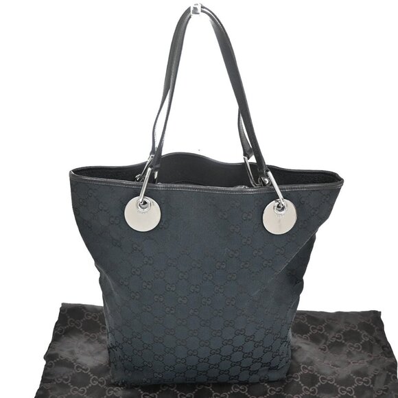 GUCCI Logo GG Pattern Shoulder Bag Canvas Leather Black Silver Italy - Picture 1 of 5